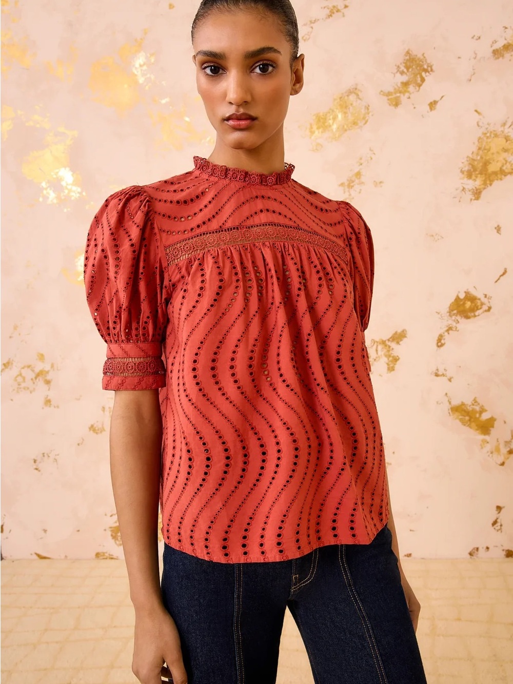 Ulla Johnson Virginia Lace Collar Terracotta Eyelet Puff-Sleeve Blouse